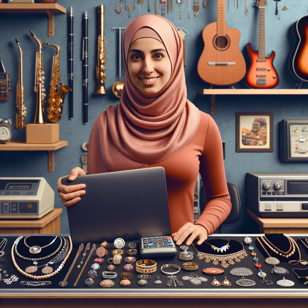 A friendly pawnbroker showing various types of items that can be pawned including jewelry, electronics, and musical instruments in a well-lit shop.