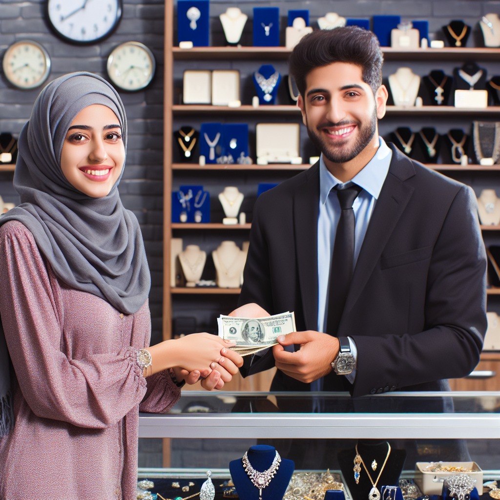 A cheerful customer receiving cash from a friendly pawnbroker at King Cash Pawn Shop surrounded by various valuable items like jewelry and electronics.