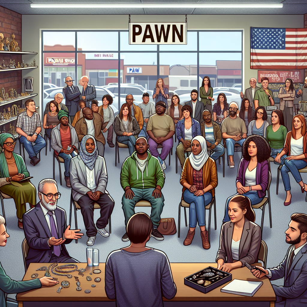 A vibrant community event hosted by King Cash Pawn Shop featuring locals engaging in financial literacy workshops and showcasing local artists' work.
