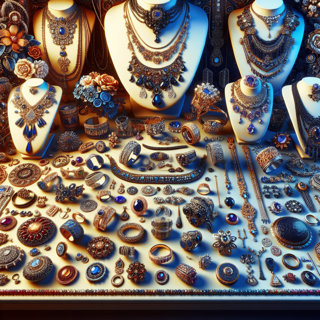 A vibrant display of various types of jewelry including engagement rings, antique necklaces, and handmade pieces at a local jeweler in Texas