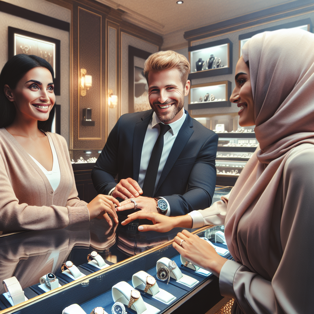 A friendly local jeweler assisting a couple with selecting an engagement ring amidst a display of luxury watches and fine jewelry