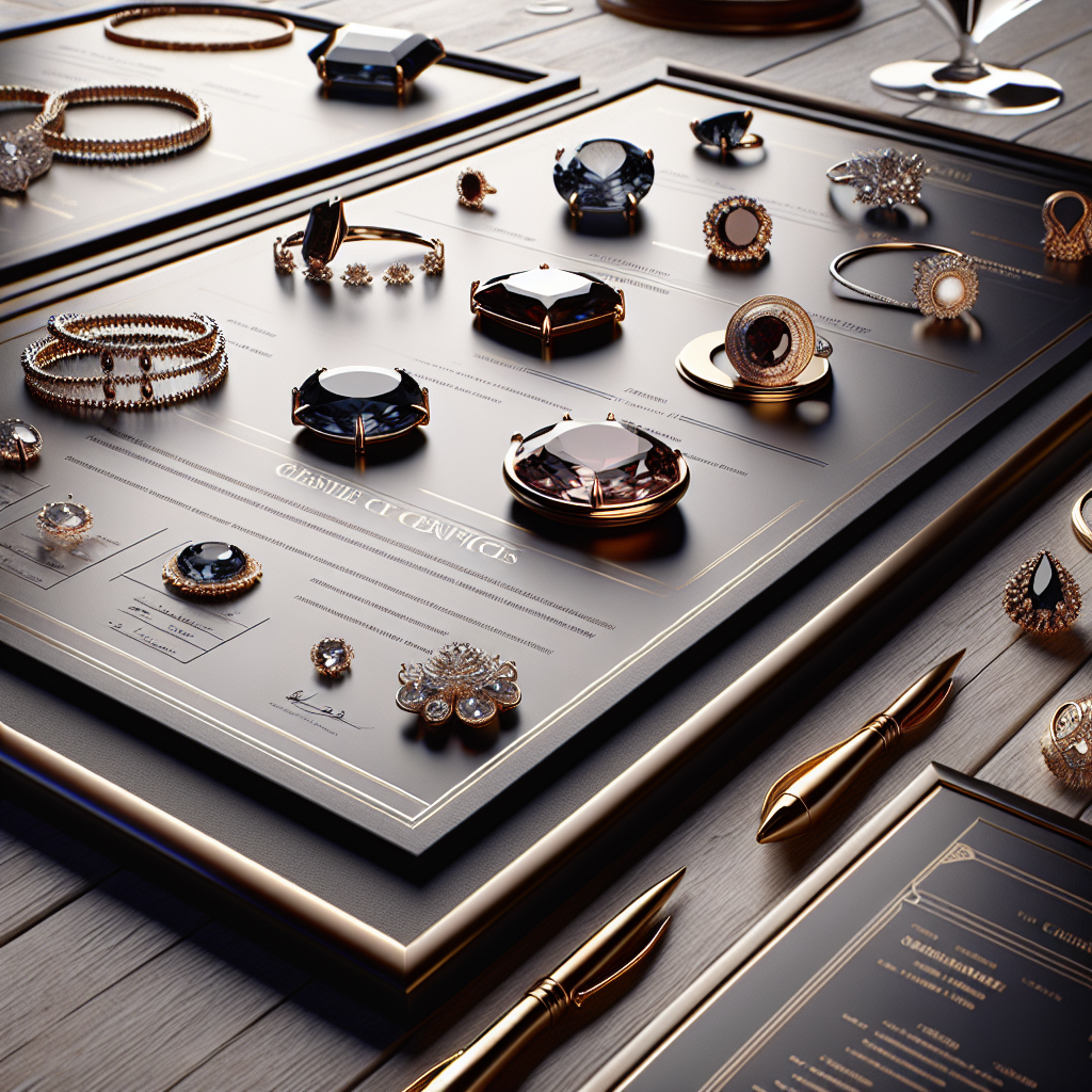 A close-up view of various gemstone certifications laid out on a polished wooden table next to elegant jewelry pieces