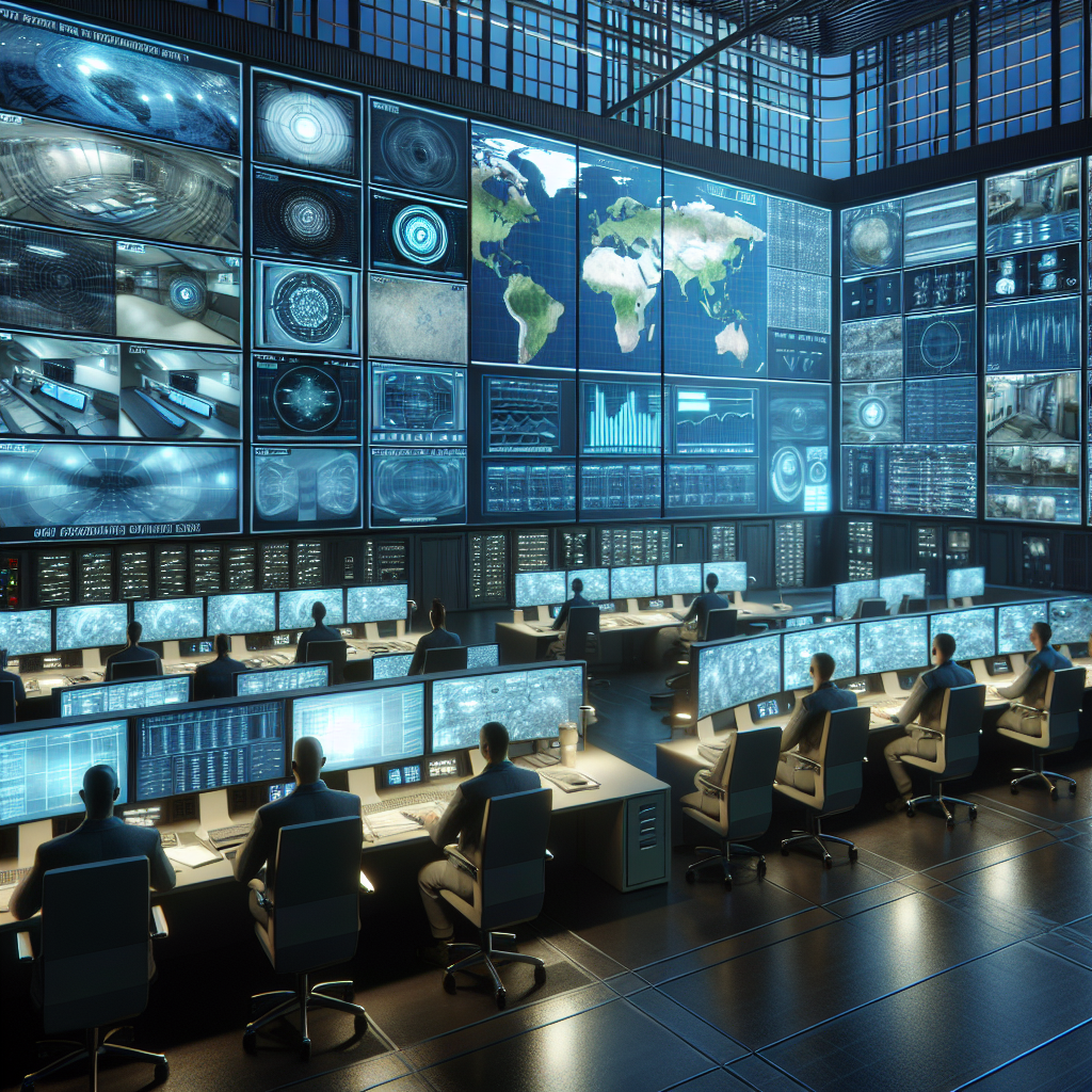 A modern control room with multiple screens displaying live surveillance feeds from various locations managed by professional security personnel.