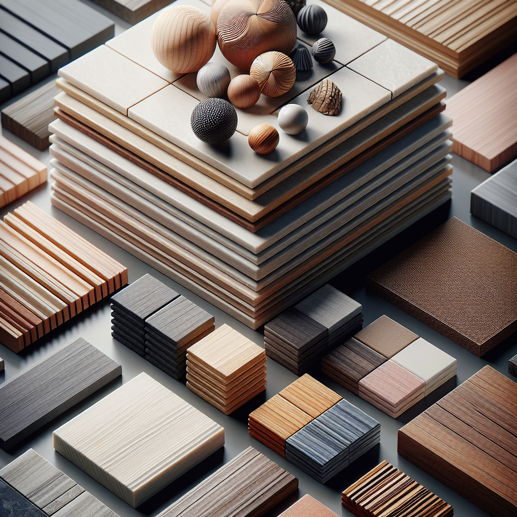 A detailed view of various high-quality materials used in home renovations including tiles, wood samples, and eco-friendly options