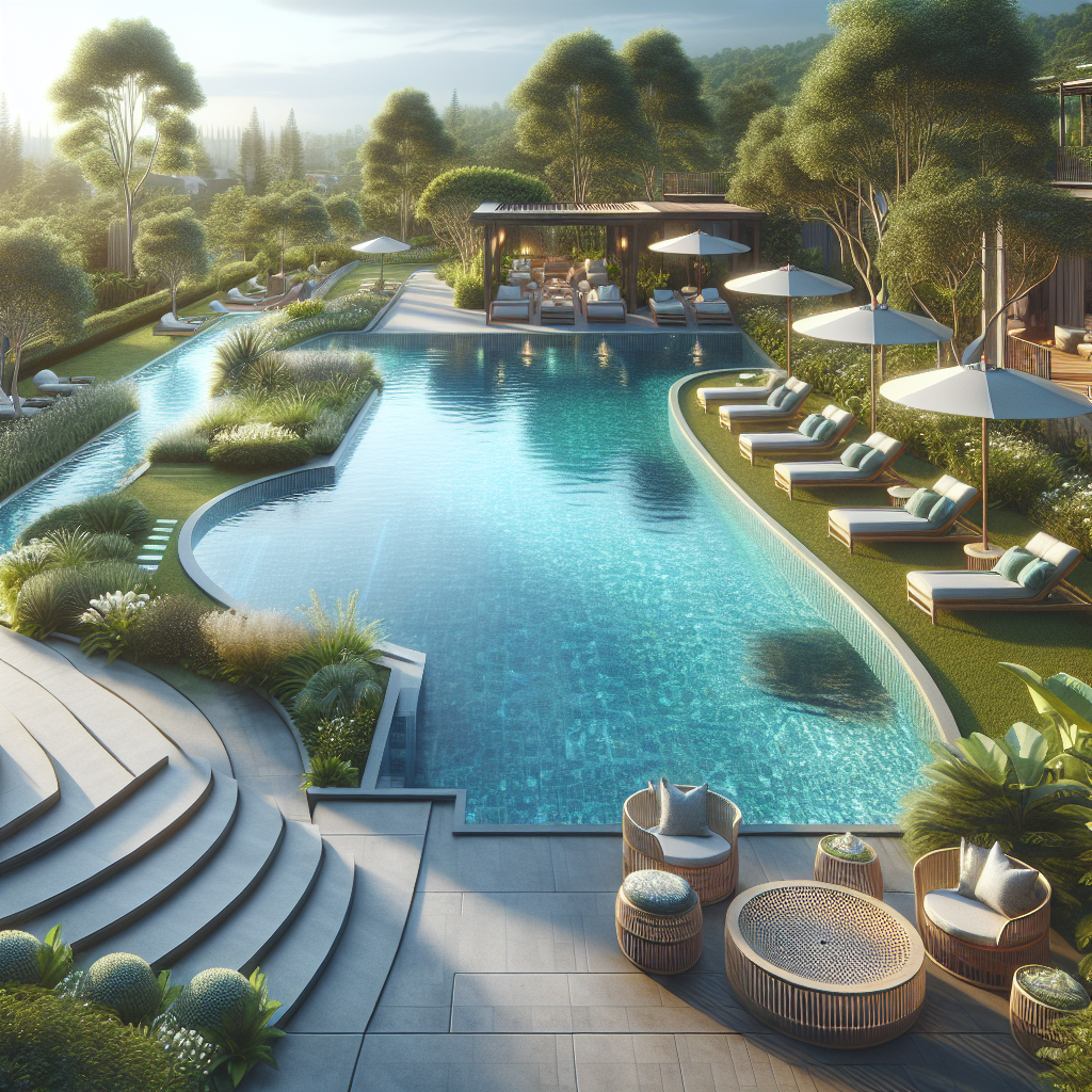 A beautifully landscaped outdoor space with a pool and seating area