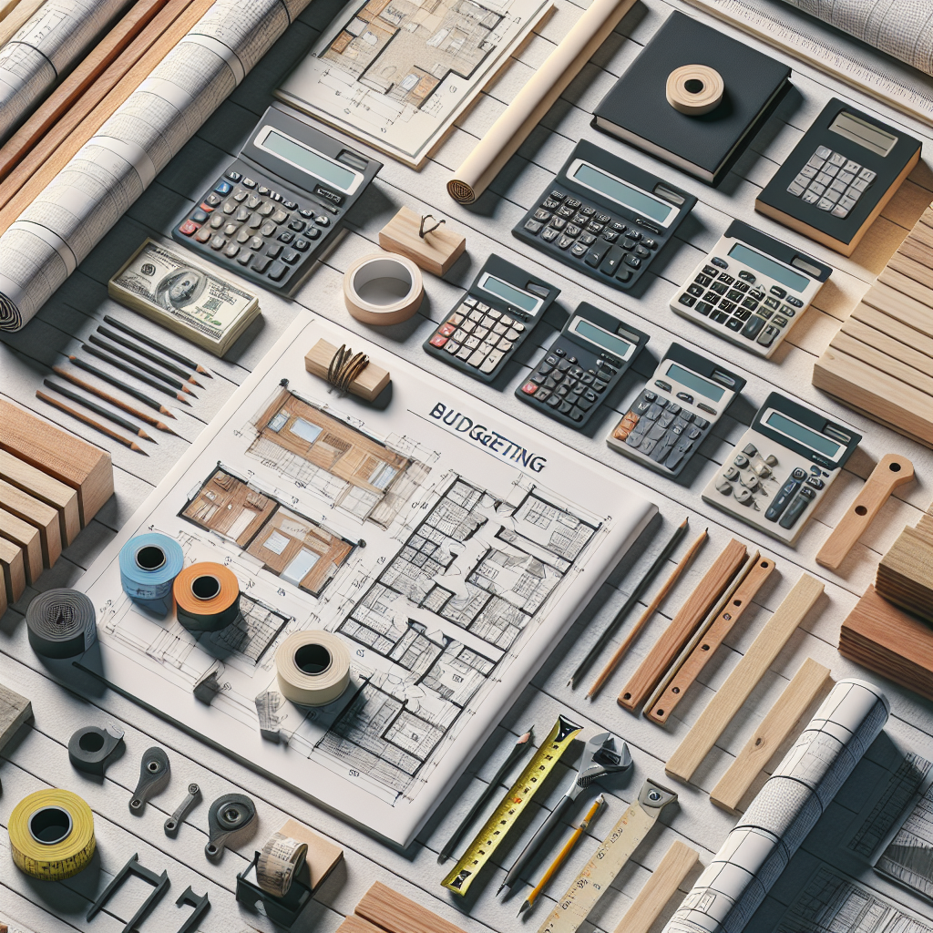 A detailed view of various budgeting tools and plans laid out on a table with renovation materials