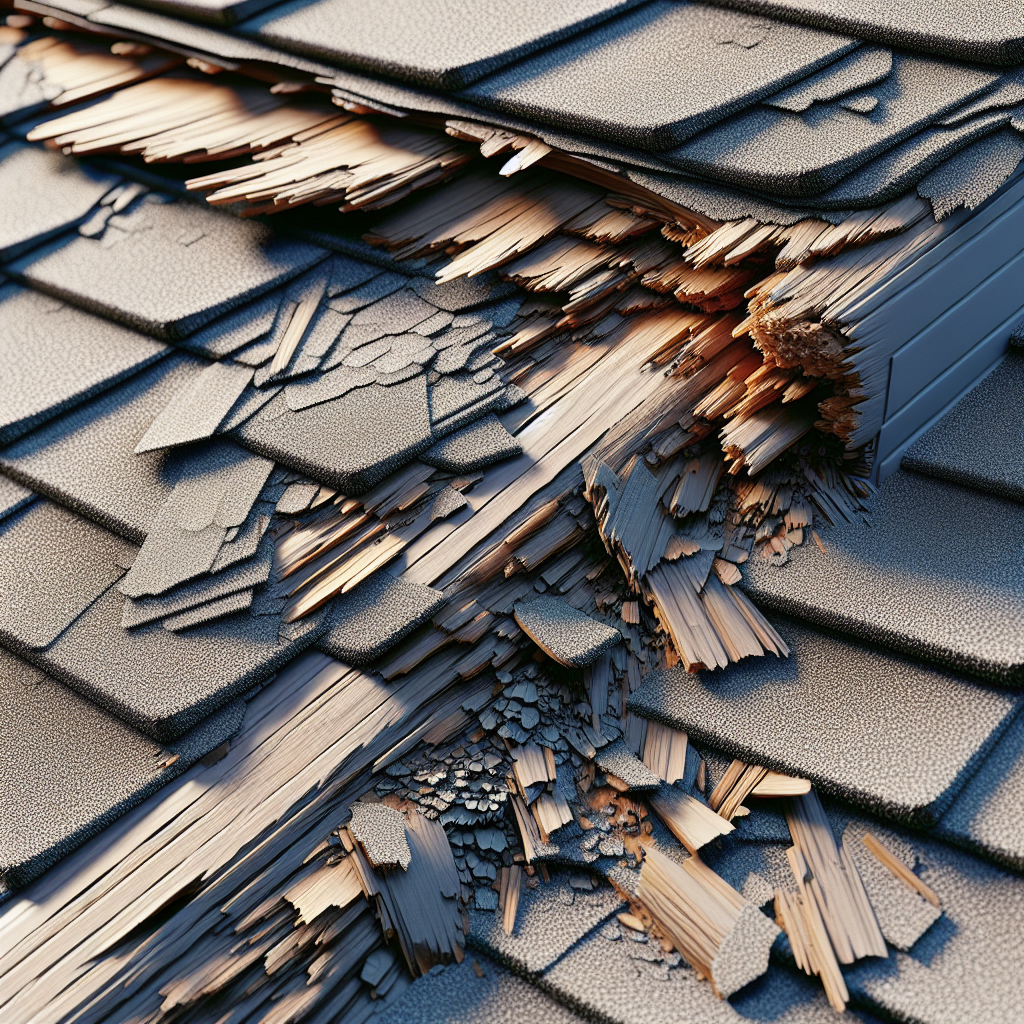 A close-up view of damaged shingles on a residential roof