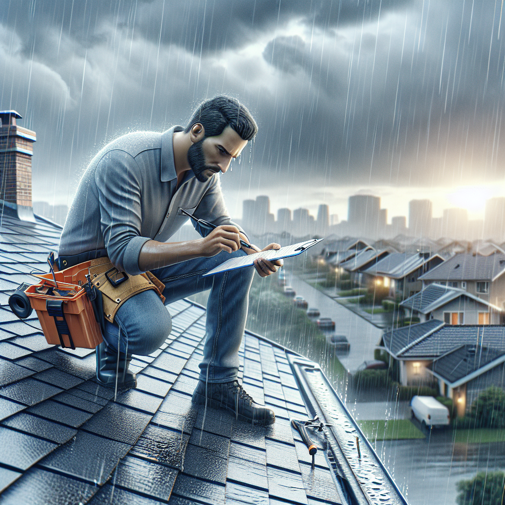 A professional inspecting a residential roof after heavy rain