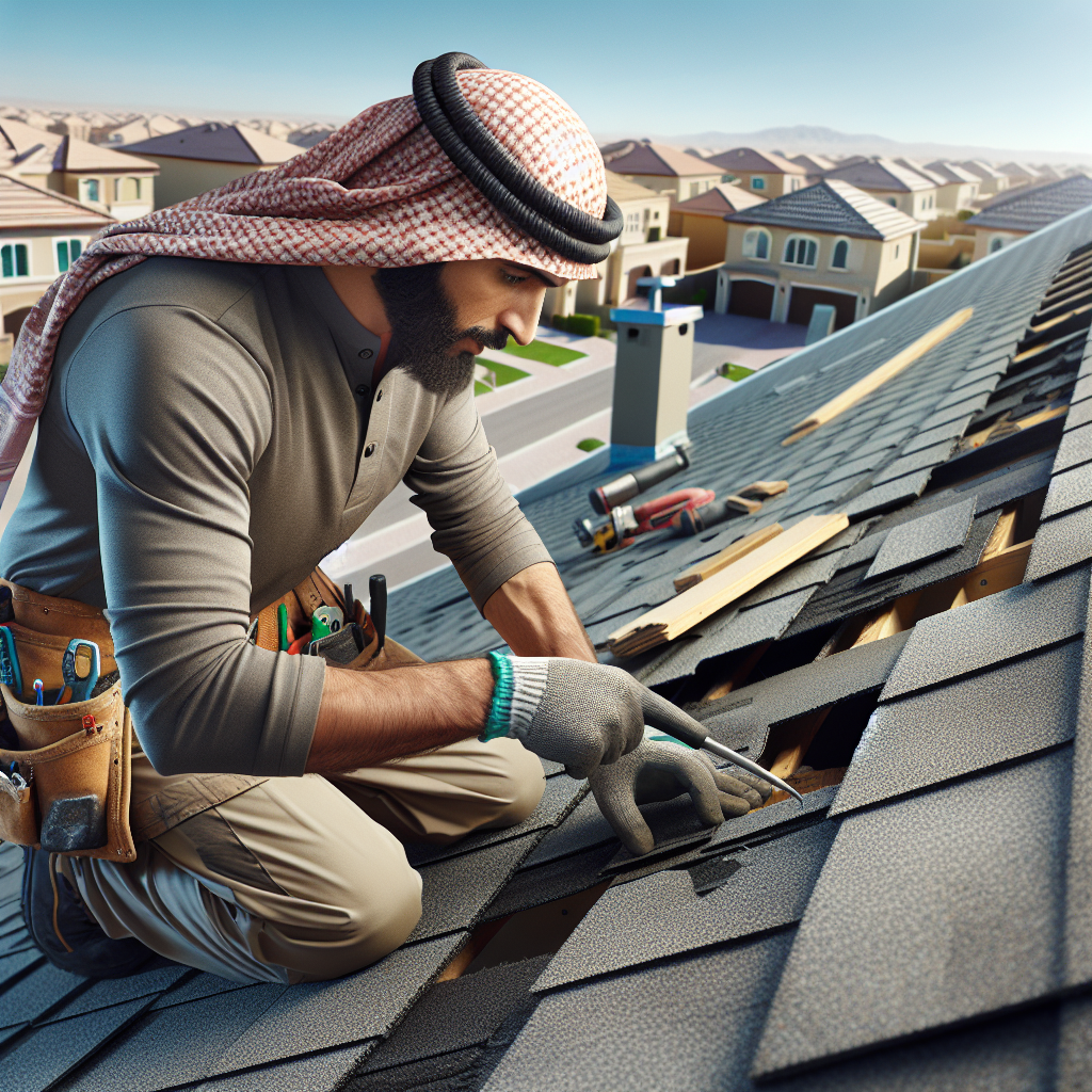 A professional roofer replacing damaged shingles on a residential roof