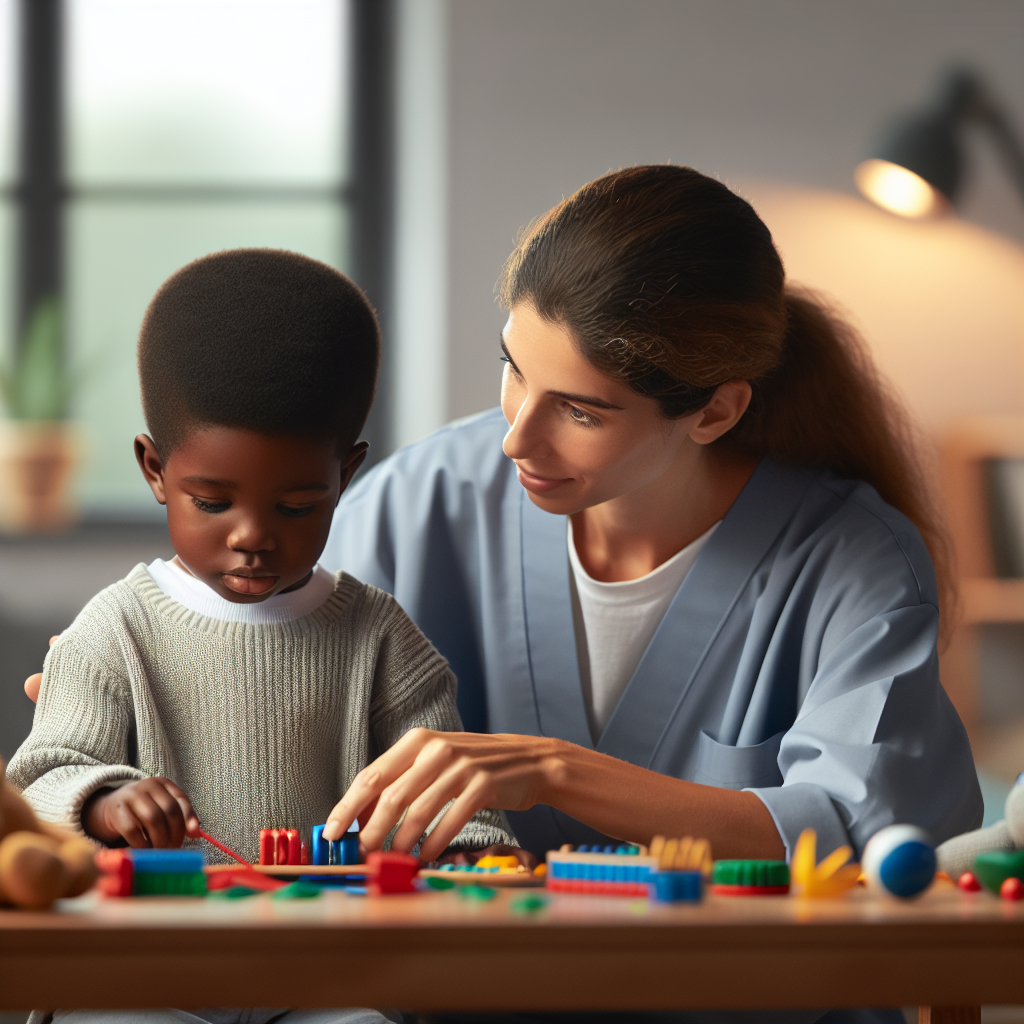 A warm scene showing a therapist working closely with a child diagnosed with Autism Spectrum Disorder in an engaging setting filled with educational toys.