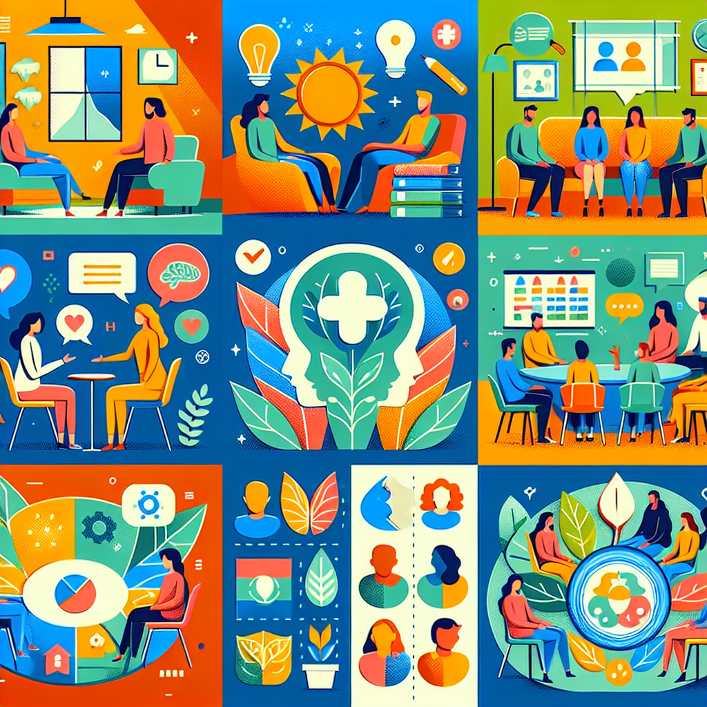A vibrant collage illustrating various types of mental health services including therapy sessions, group discussions, educational workshops in an engaging design.