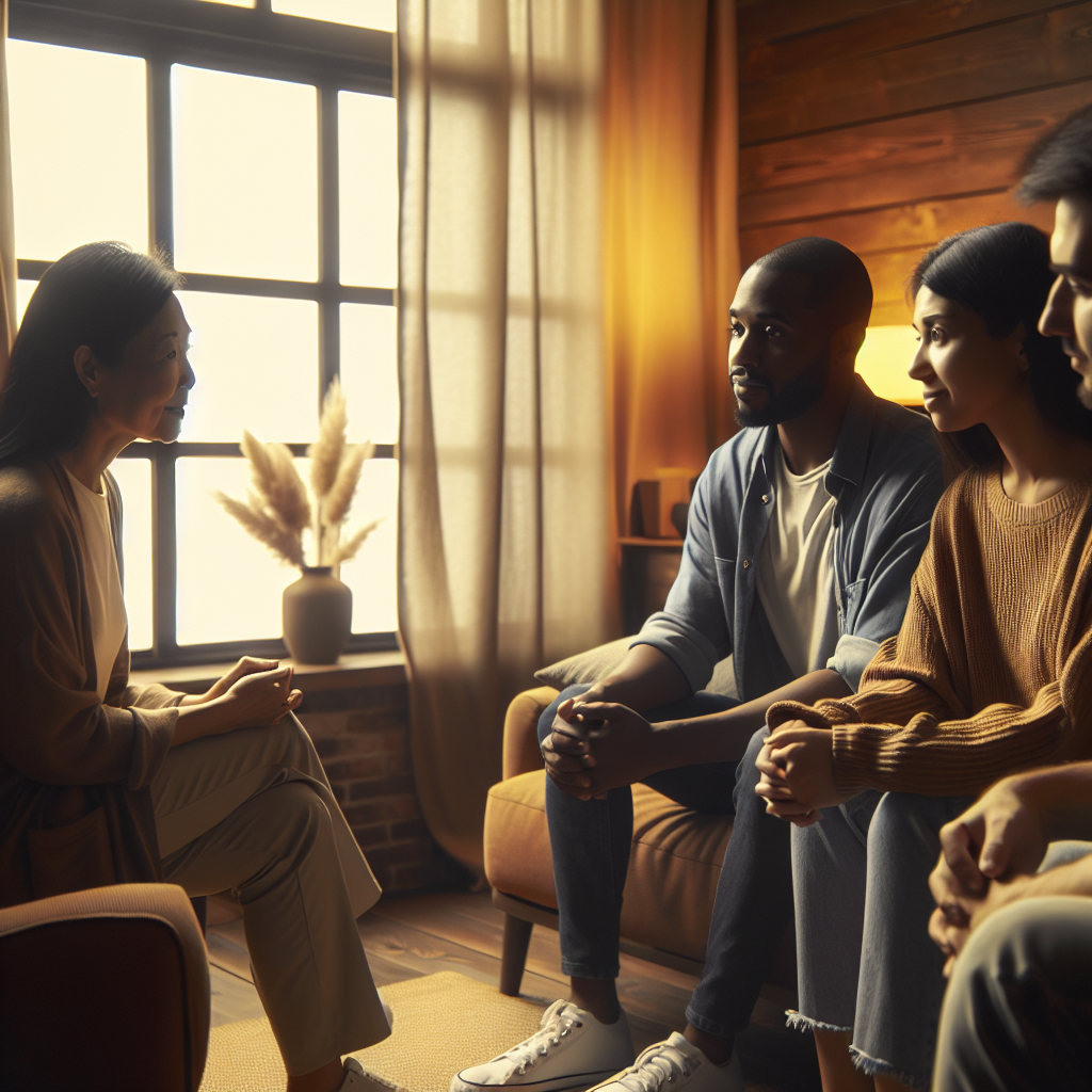 A supportive family counseling session taking place in a cozy setting with a licensed therapist guiding discussions among family members.