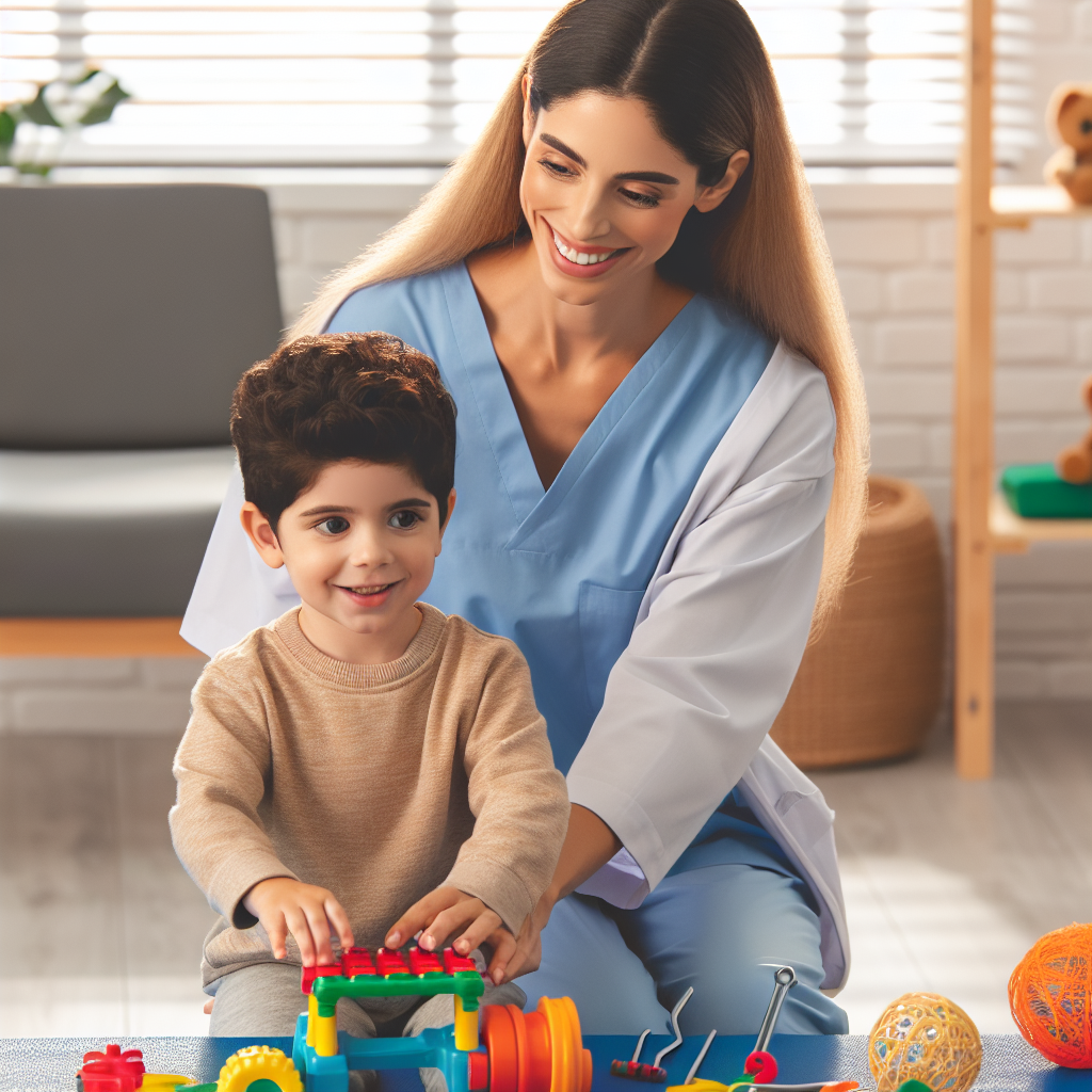 A cheerful pediatric occupational therapist working with a child using colorful toys and adaptive equipment in a bright therapy room