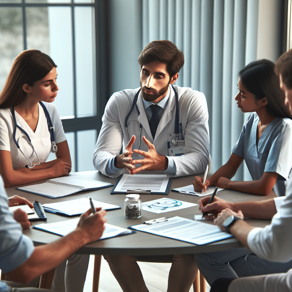 A diverse group of healthcare professionals collaborating around a table discussing patient care plans, featuring an occupational therapist, psychologist, and speech therapist