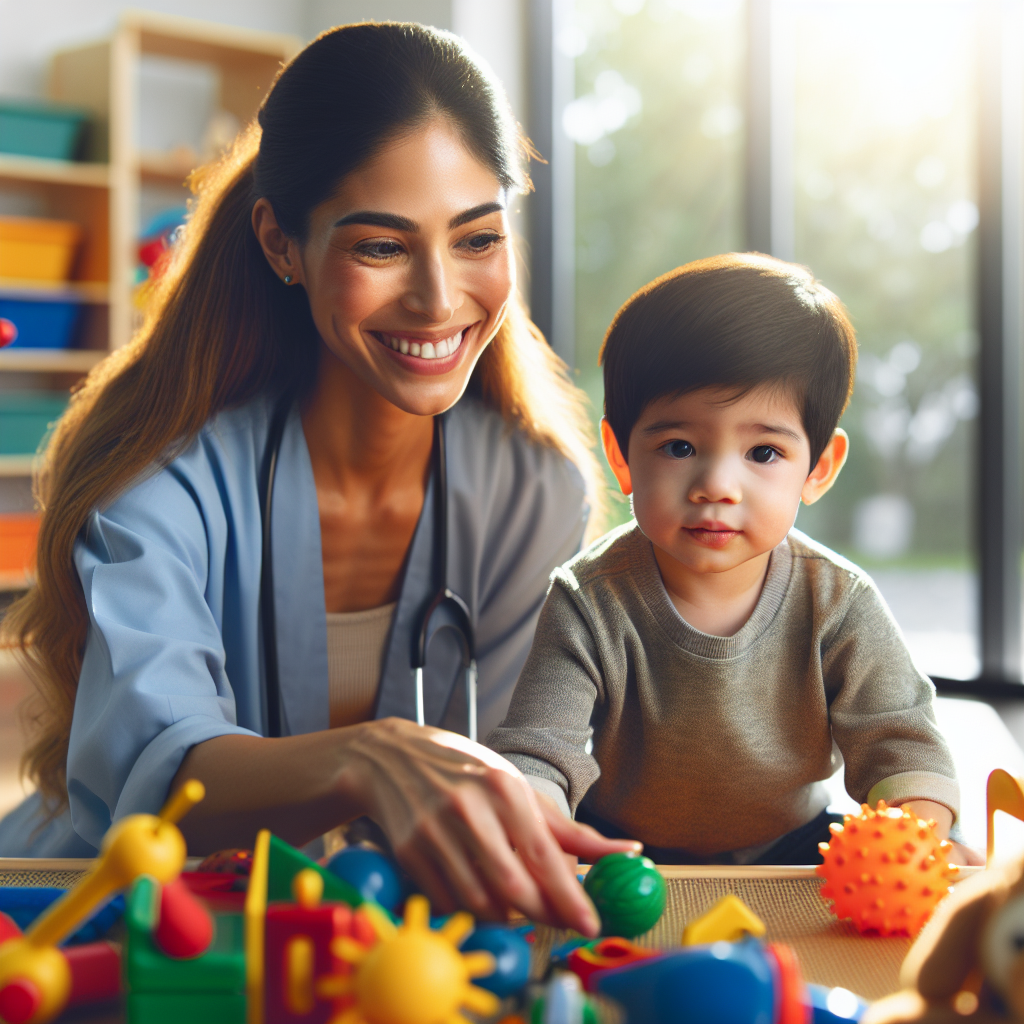 A pediatric occupational therapist engaging a child in play-based interventions using colorful toys and sensory materials in a bright therapy room