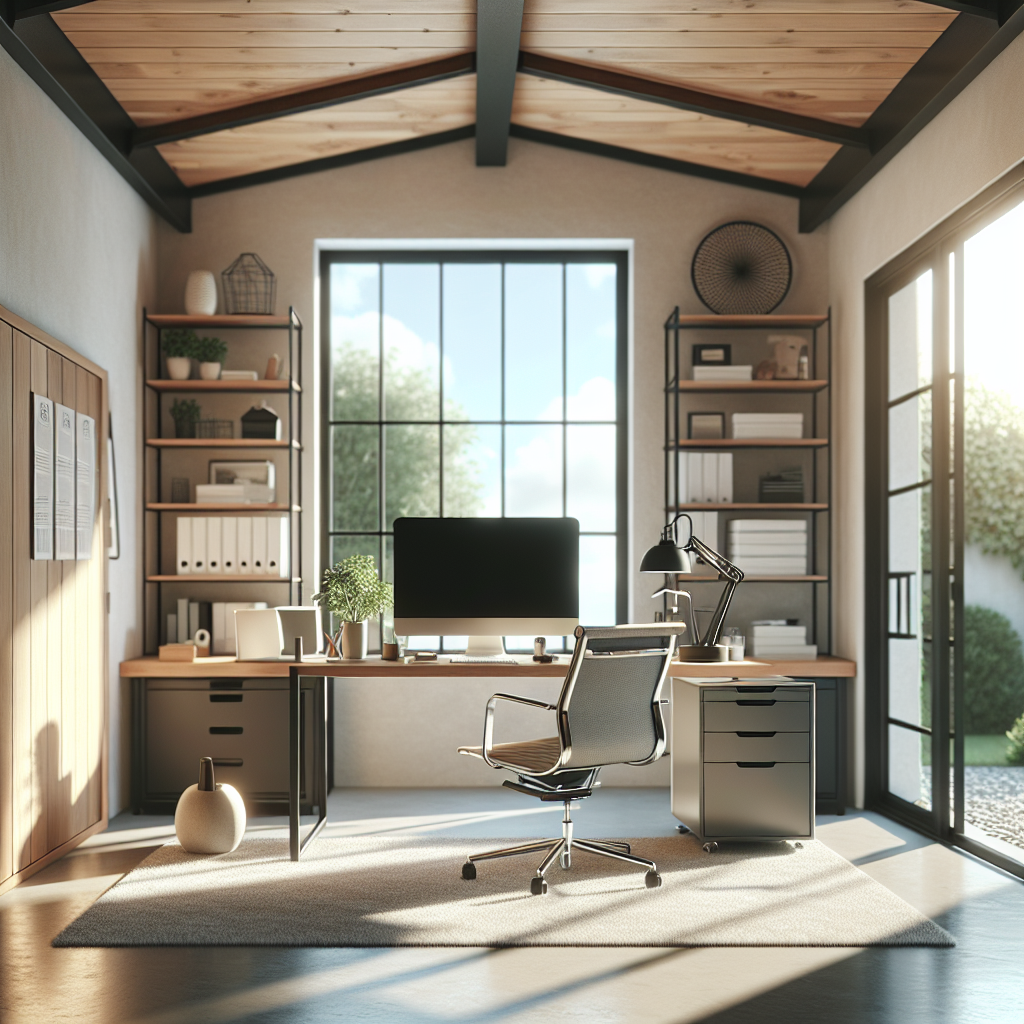 A beautifully designed home office converted from a garage featuring modern furniture and ample natural light