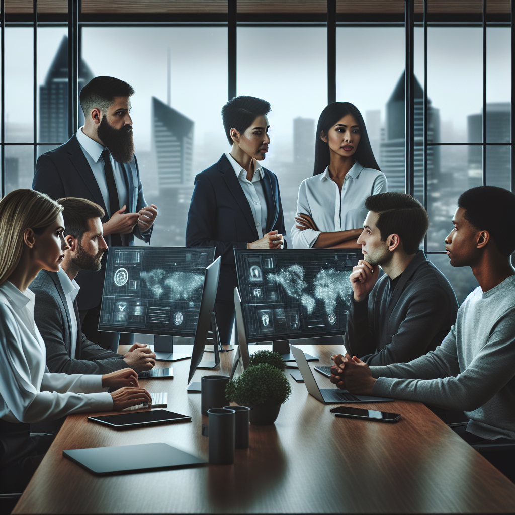 A diverse team of security consultants discussing cybersecurity strategies in a modern office setting