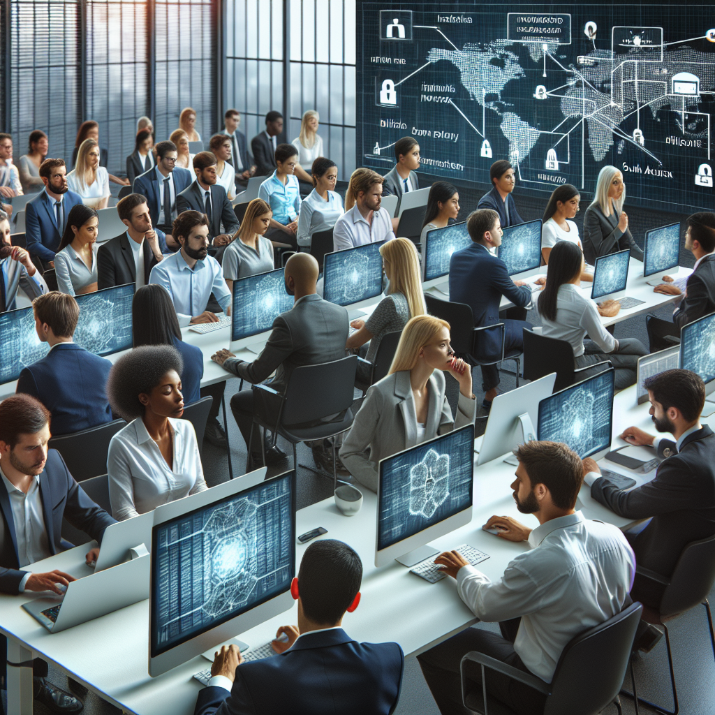 A group of employees participating in cybersecurity training session with engaging visuals