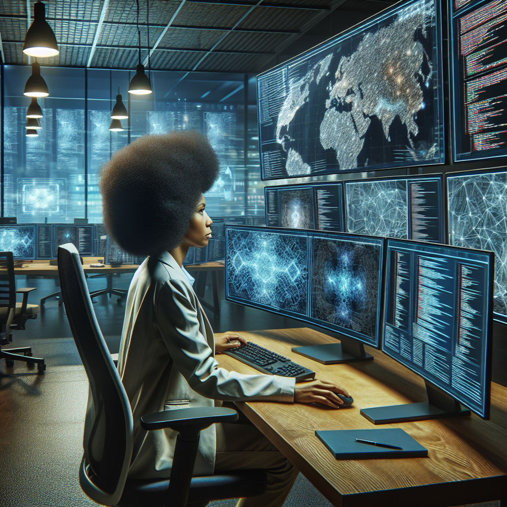 A cybersecurity consultant analyzing data on multiple screens in a high-tech office environment