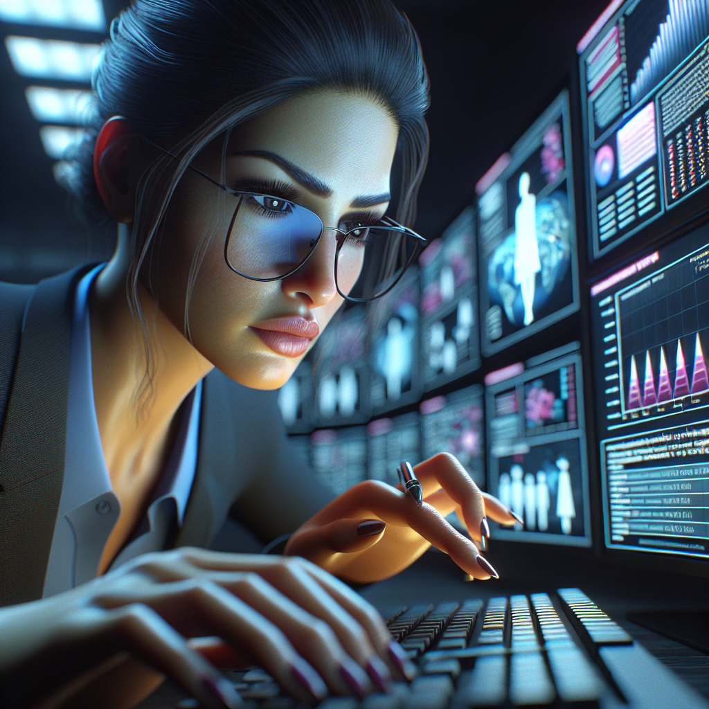 A security consultant reviewing current cybersecurity trends on multiple screens with graphs and statistics