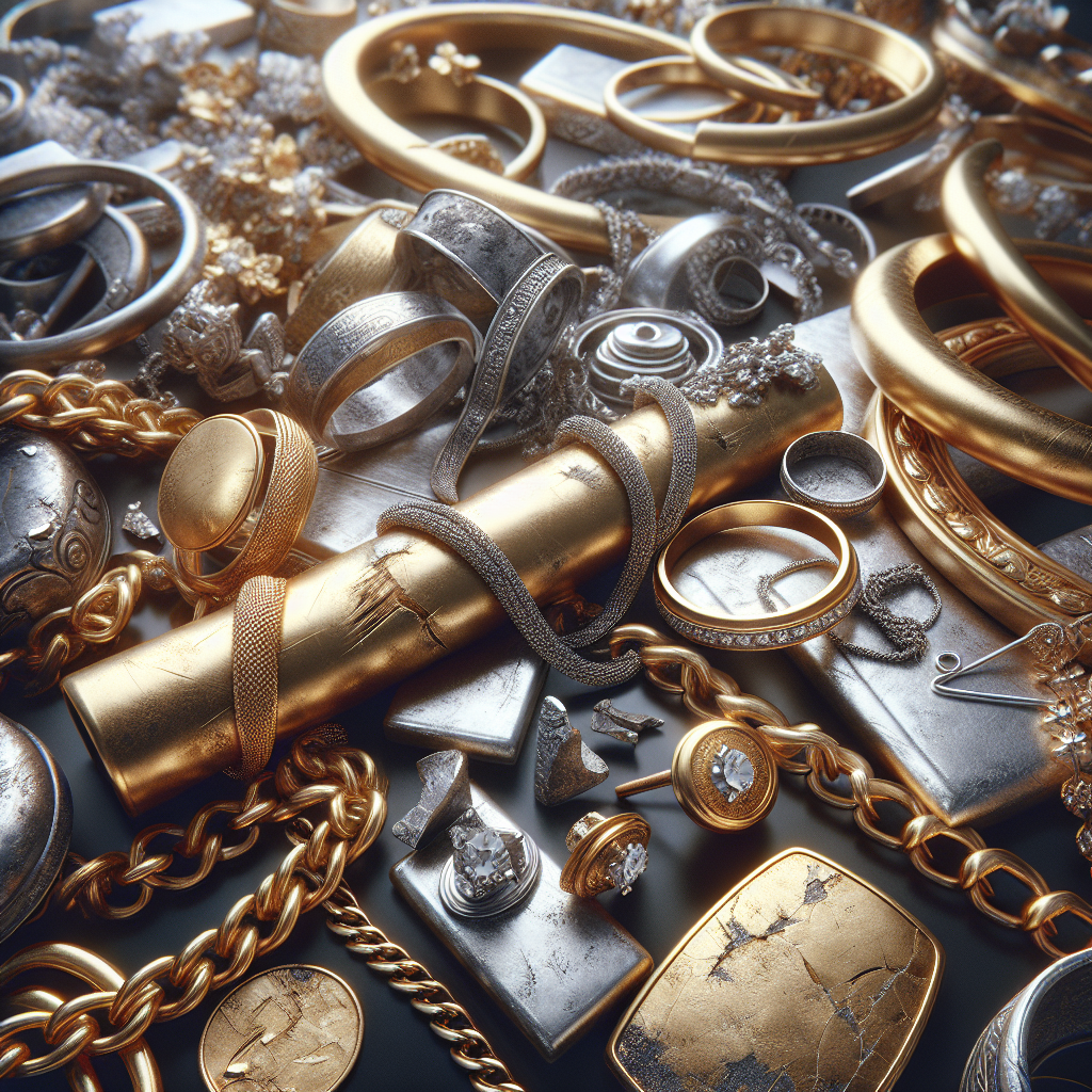 A close-up of various types of damaged jewelry including scratched gold necklaces, tarnished silver rings, and broken chains displayed artistically.