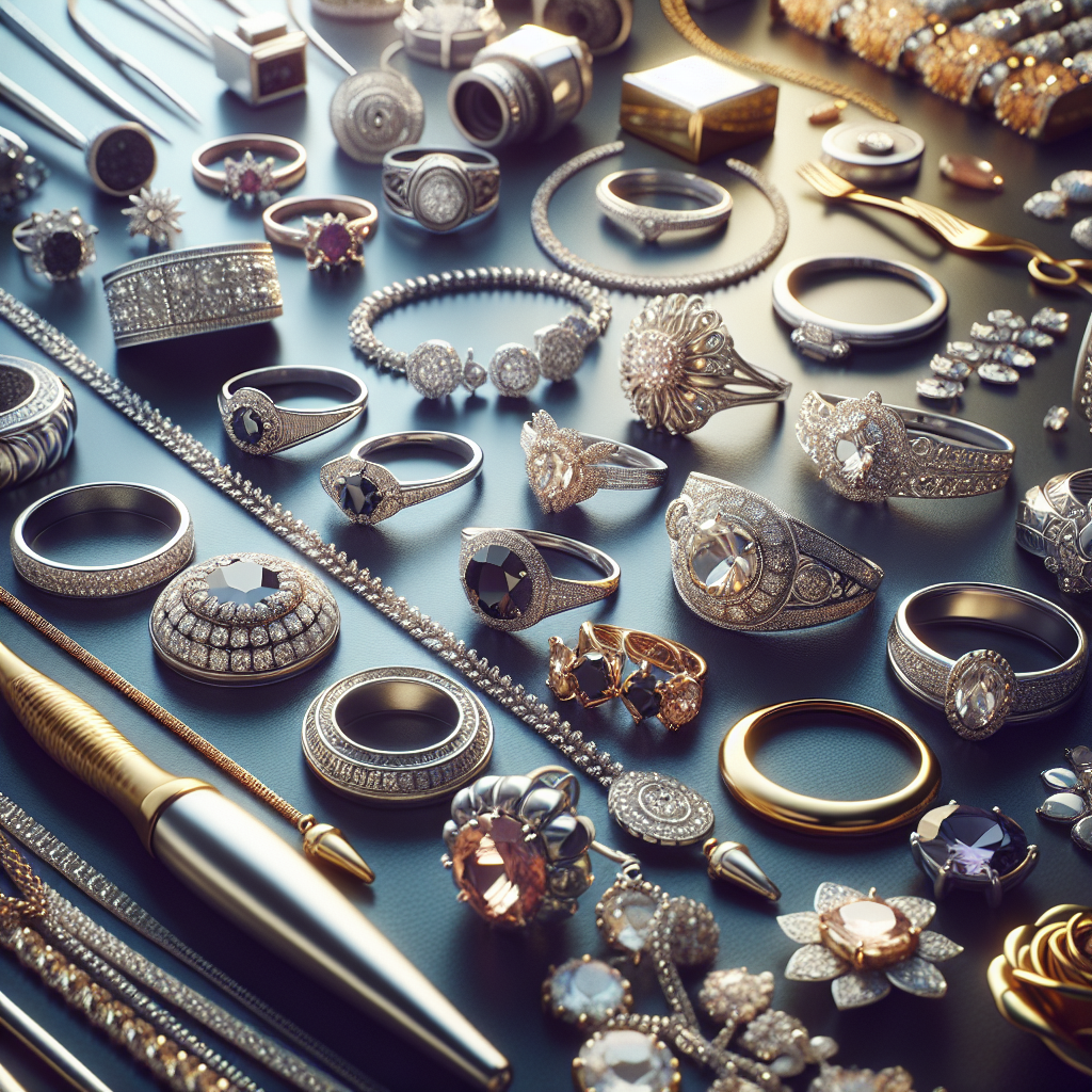 An assortment of various types of repaired jewelry including polished rings, restored necklaces with secure clasps, and shiny gemstone pieces displayed elegantly.