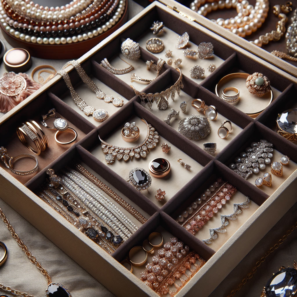 A beautifully organized jewelry box displaying various types of fine and fashion jewelry including rings, necklaces, and bracelets neatly stored.