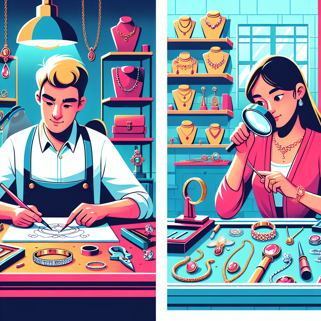 A vibrant illustration showing a jewelry designer sketching designs on one side and a savvy buyer examining jewelry at a pawn shop on the other side.