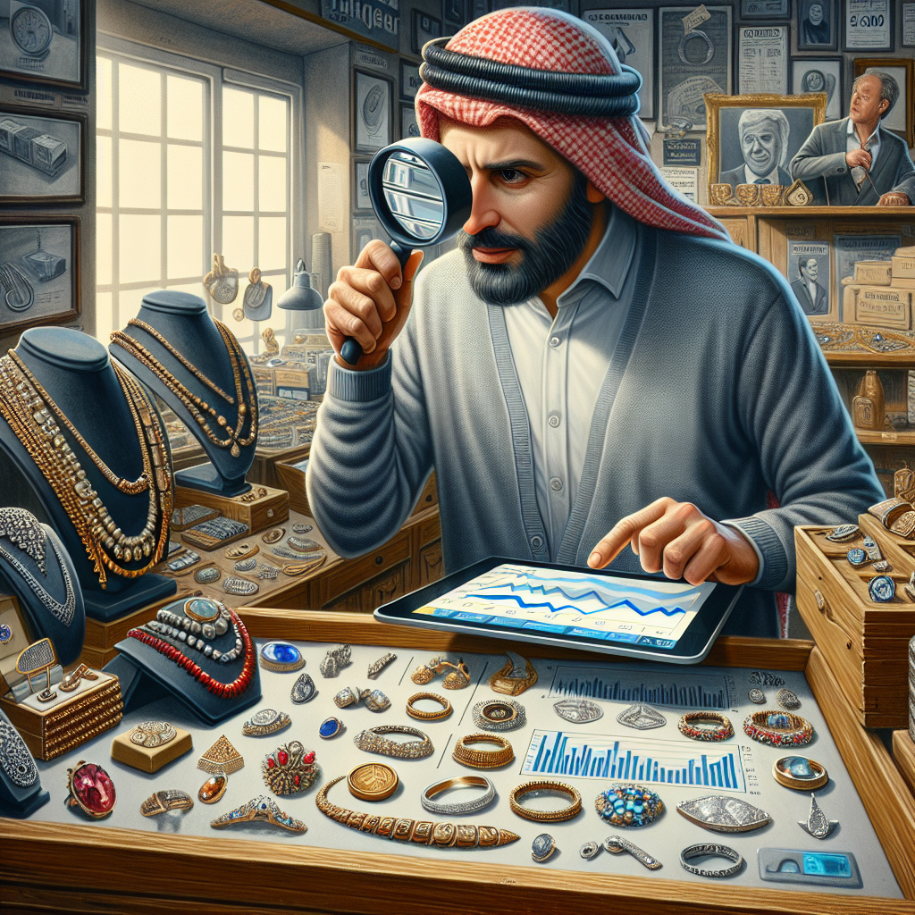 A dynamic scene showing a jewelry buyer analyzing various pieces at a pawn shop while checking market trends on a tablet.