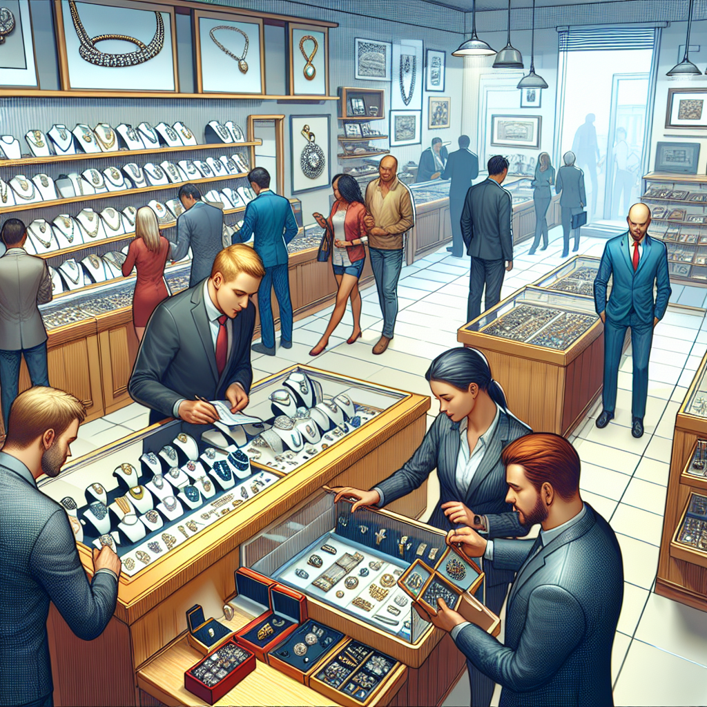 An engaging scene inside a busy pawn shop showcasing various designer jewelry pieces being appraised by staff while customers browse.