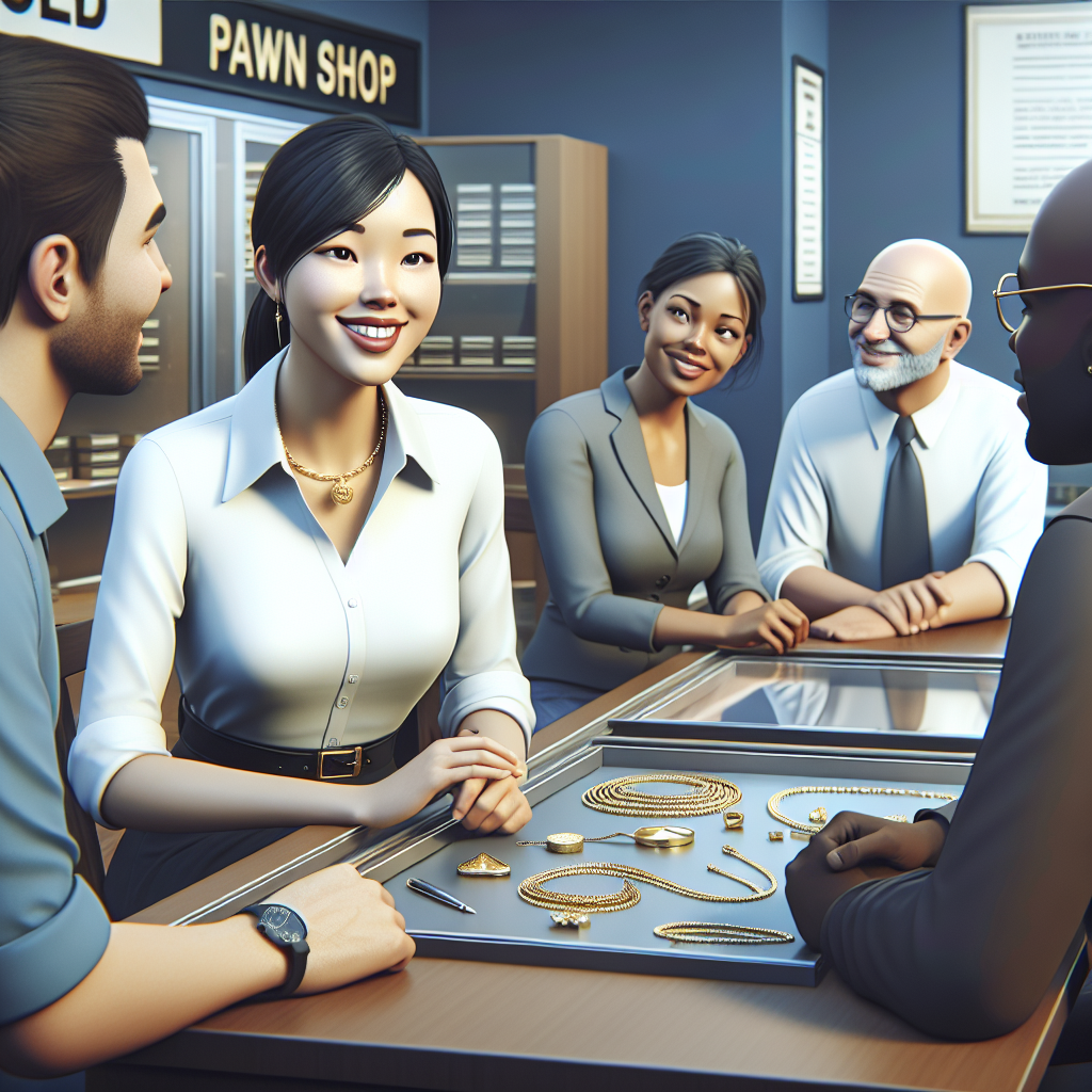 A friendly staff member at King Cash Pawn Shop discussing with customers about selling their gold items