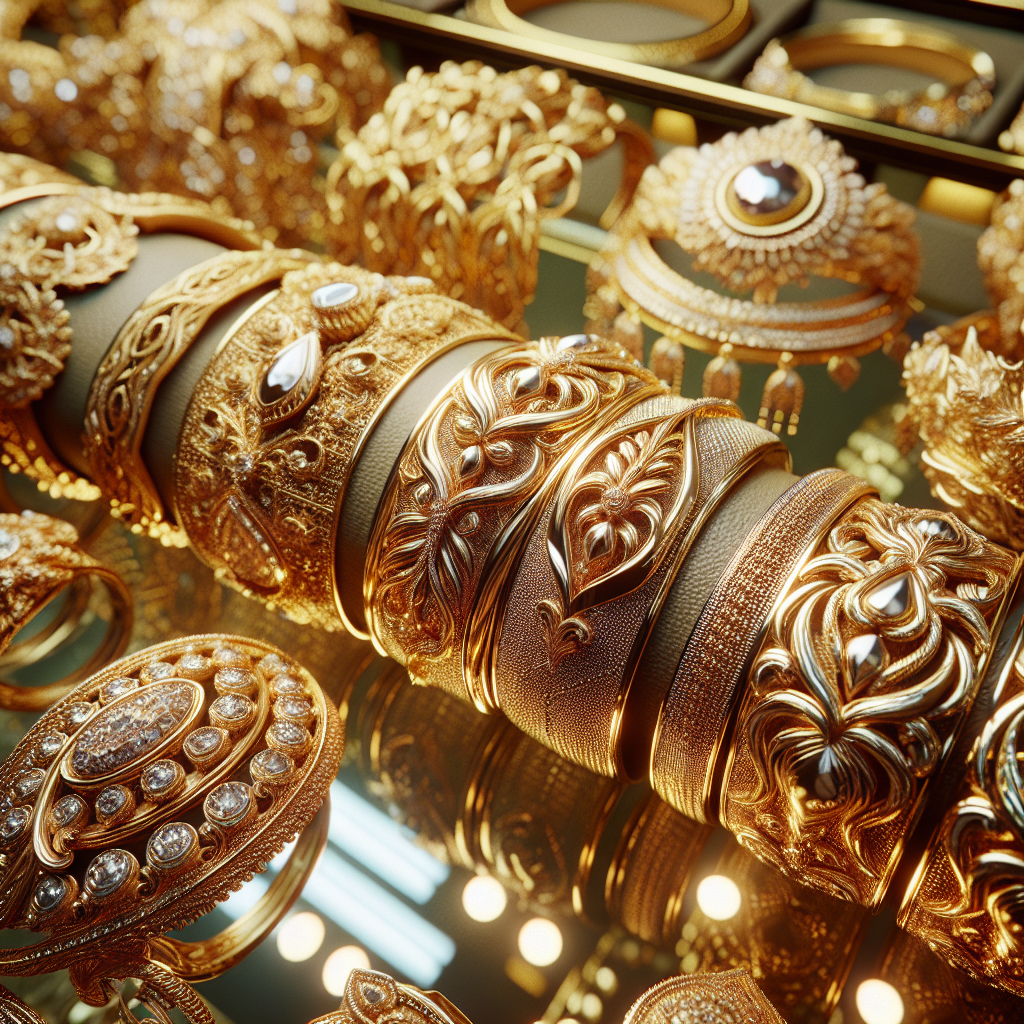 A close-up view of beautifully displayed gold jewelry at King Cash Pawn Shop with gleaming lights highlighting each piece