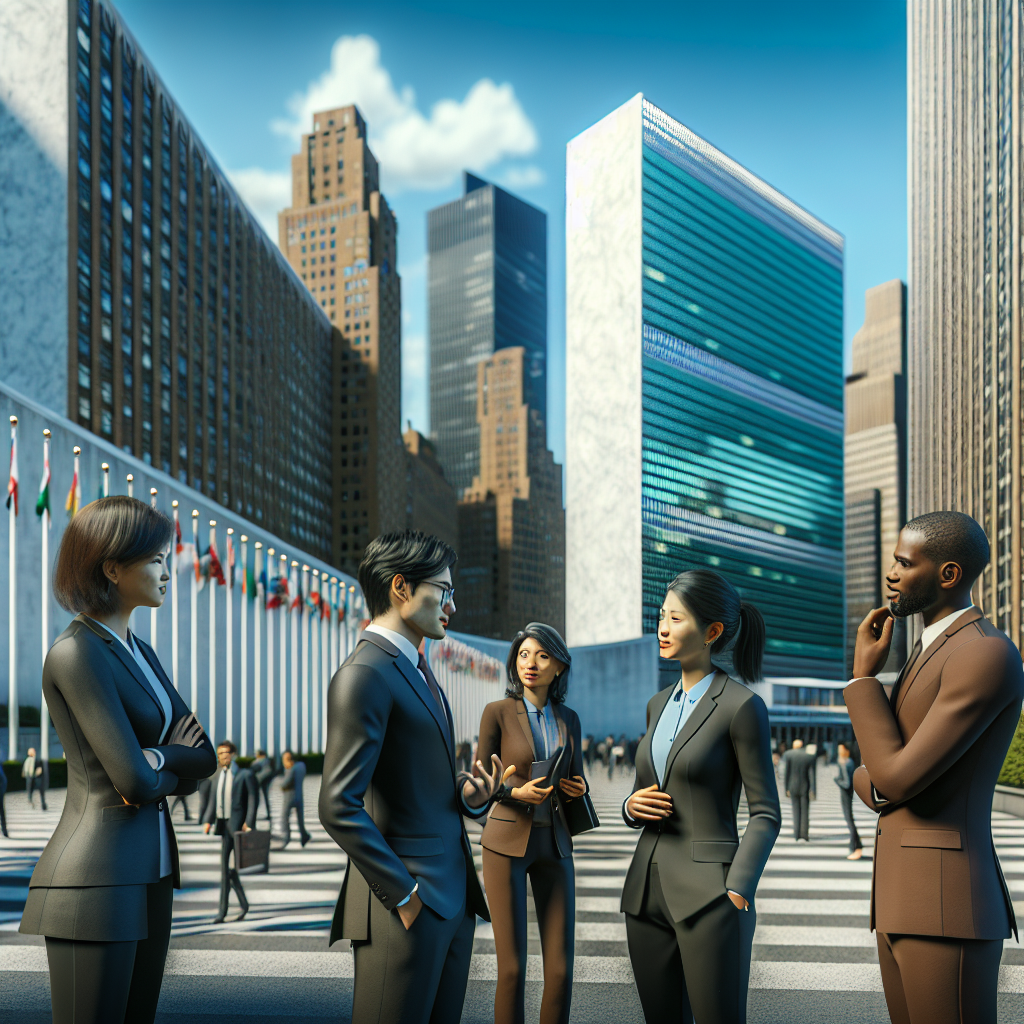A view of the United Nations building in New York City with diplomatic personnel engaged in discussions outside