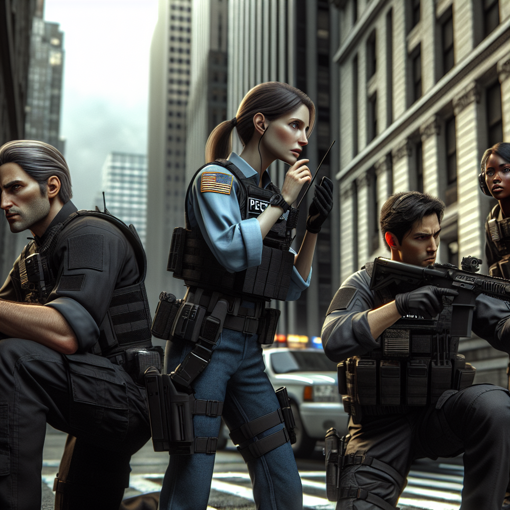 A group of diverse security personnel engaged in tactical training exercises in New York City