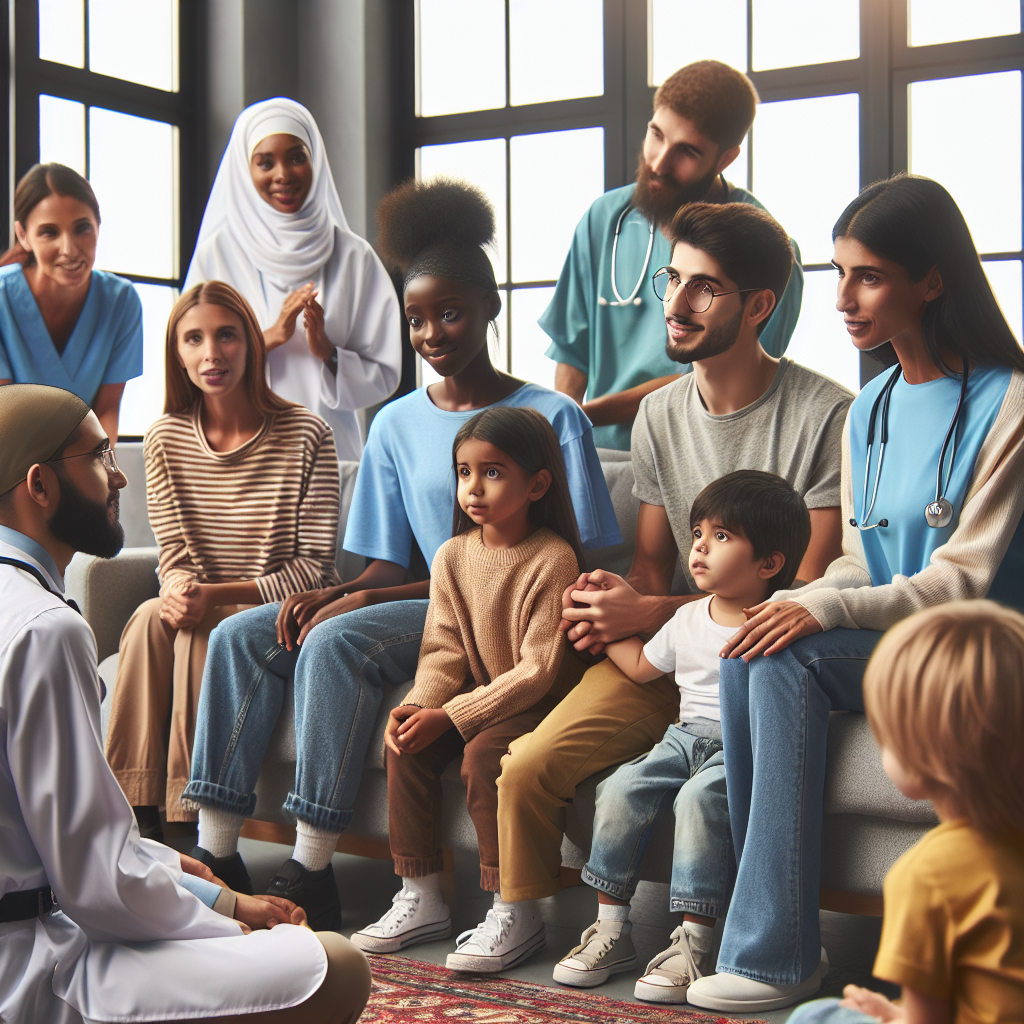 A diverse group of social workers engaging with children in a therapy setting, showcasing collaboration and empathy