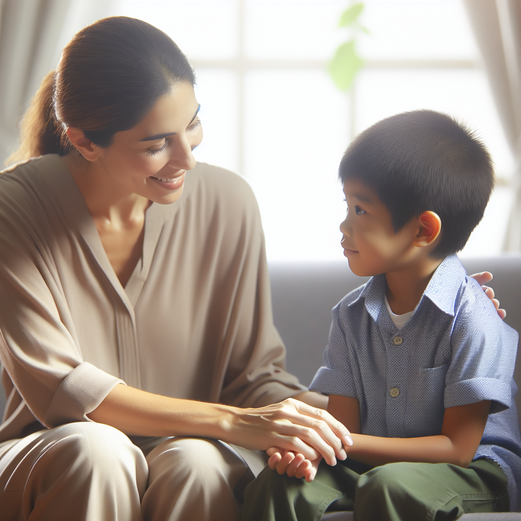A compassionate social worker interacting with a child during a therapy session focused on autism support