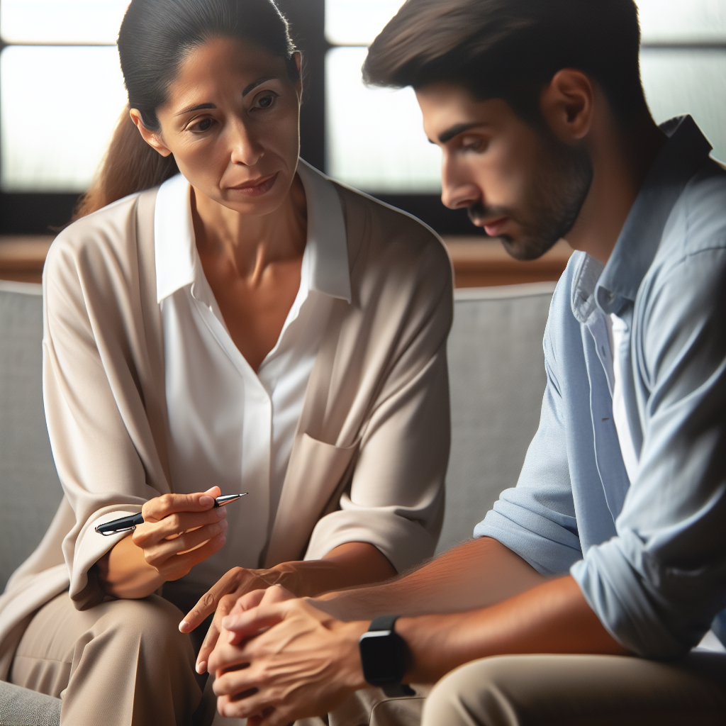 A social worker using cognitive-behavioral techniques with an adult client during a counseling session