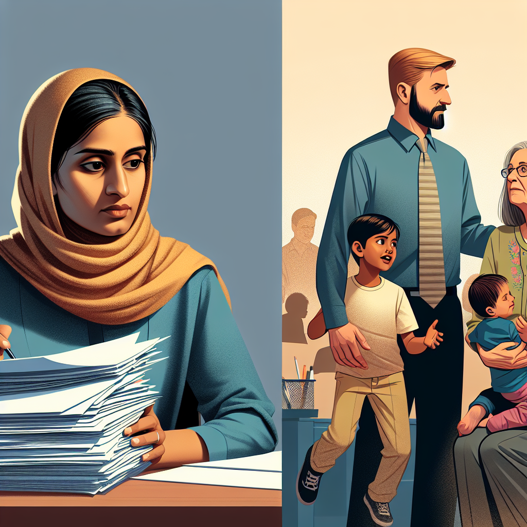A determined social worker navigating through paperwork while supporting a family during therapy