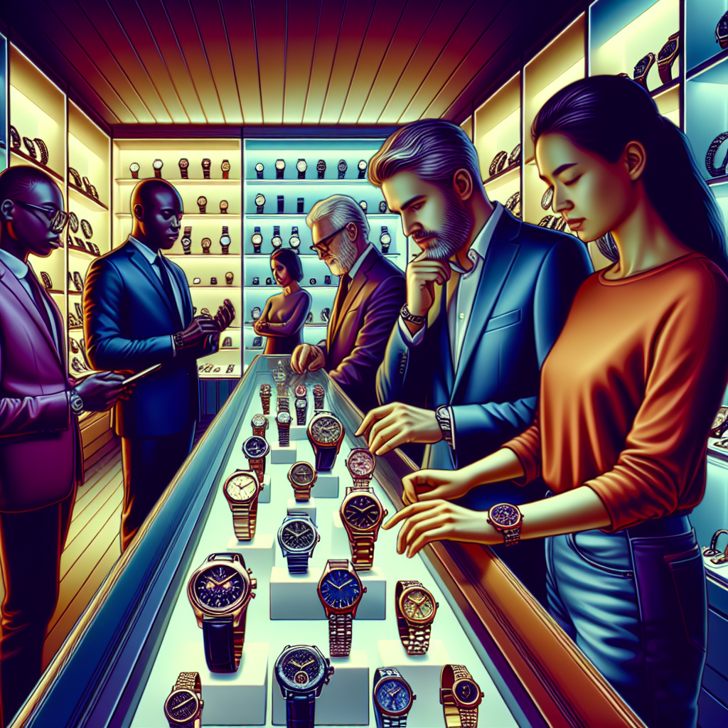 A diverse group of people shopping for luxury watches at an upscale store
