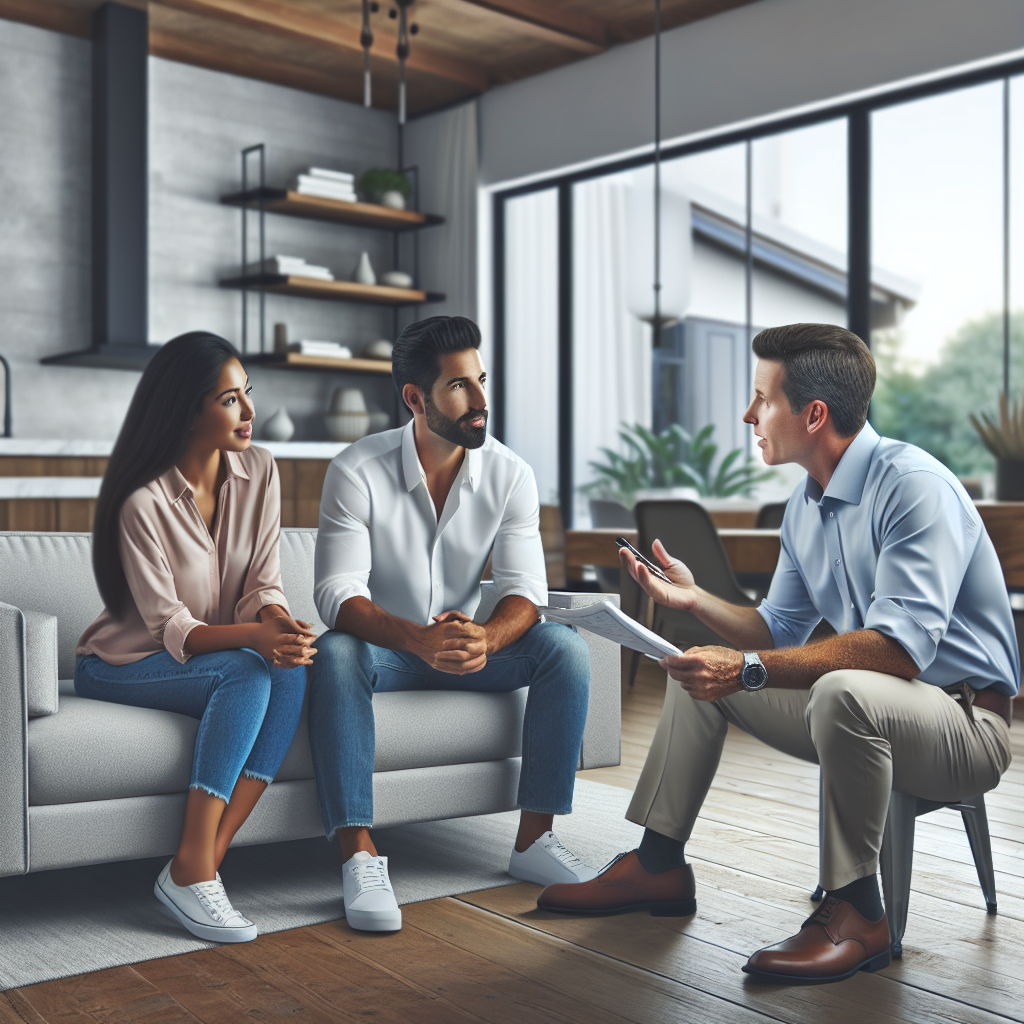A professional contractor discussing remodeling plans with homeowners in a modern living room setting