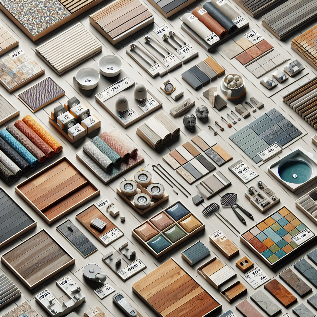 A collage of different home renovation materials such as tiles, wood flooring, and fixtures laid out with price tags