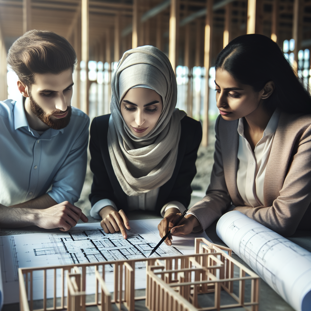 An architect reviewing blueprints on-site with clients discussing their preferences
