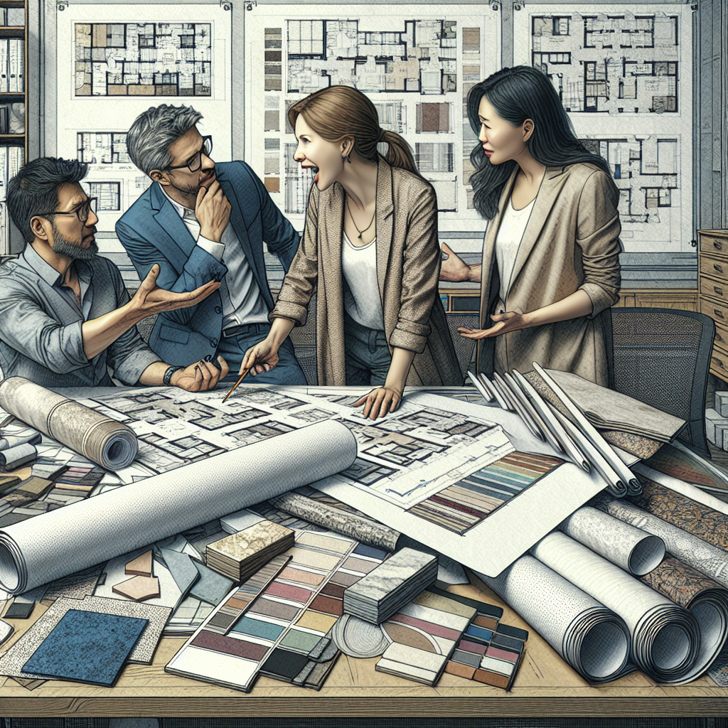A designer discussing plans with clients in an office setting filled with blueprints and samples
