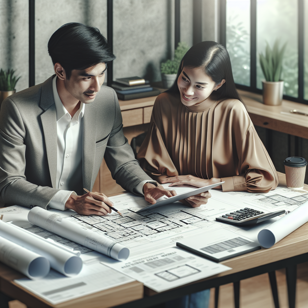 A designer reviewing budgets and plans with clients at a table filled with documents and blueprints