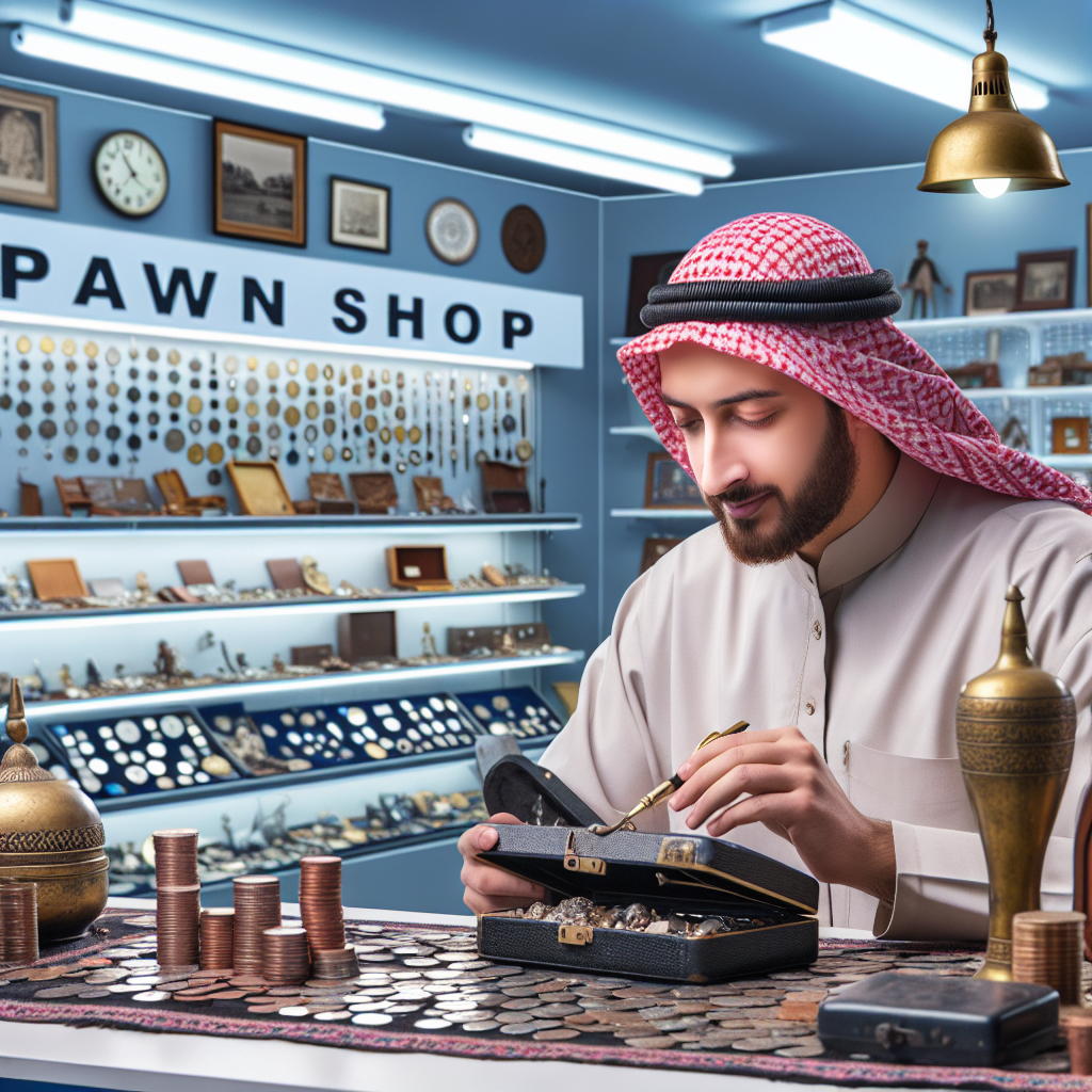 A friendly appraiser examining various collectibles including coins and vintage toys in a well-lit pawn shop