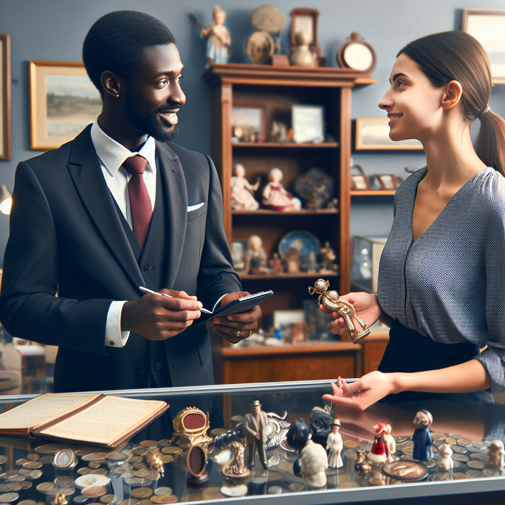 A friendly staff member at King Cash Pawn Shop assisting a customer with their collectibles