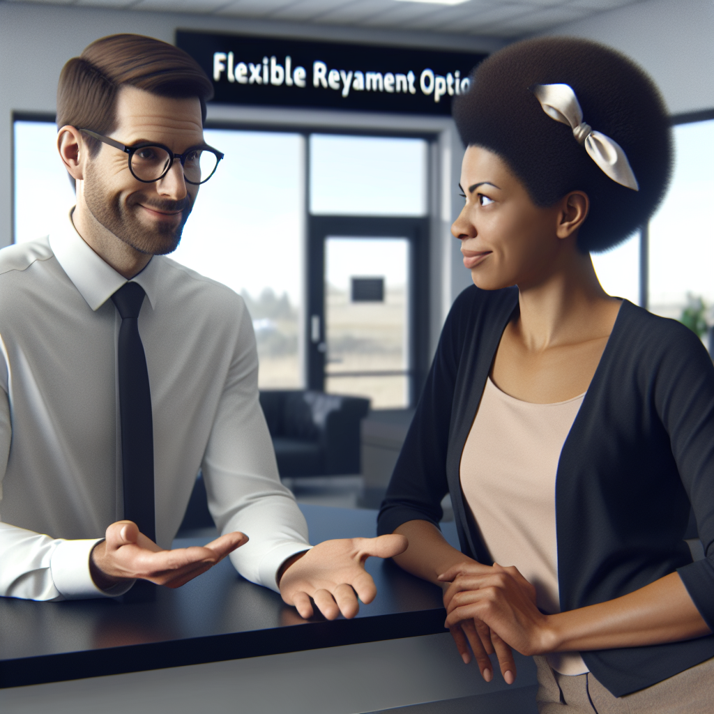 A friendly loan officer discussing flexible repayment options with a customer at a modern pawn shop