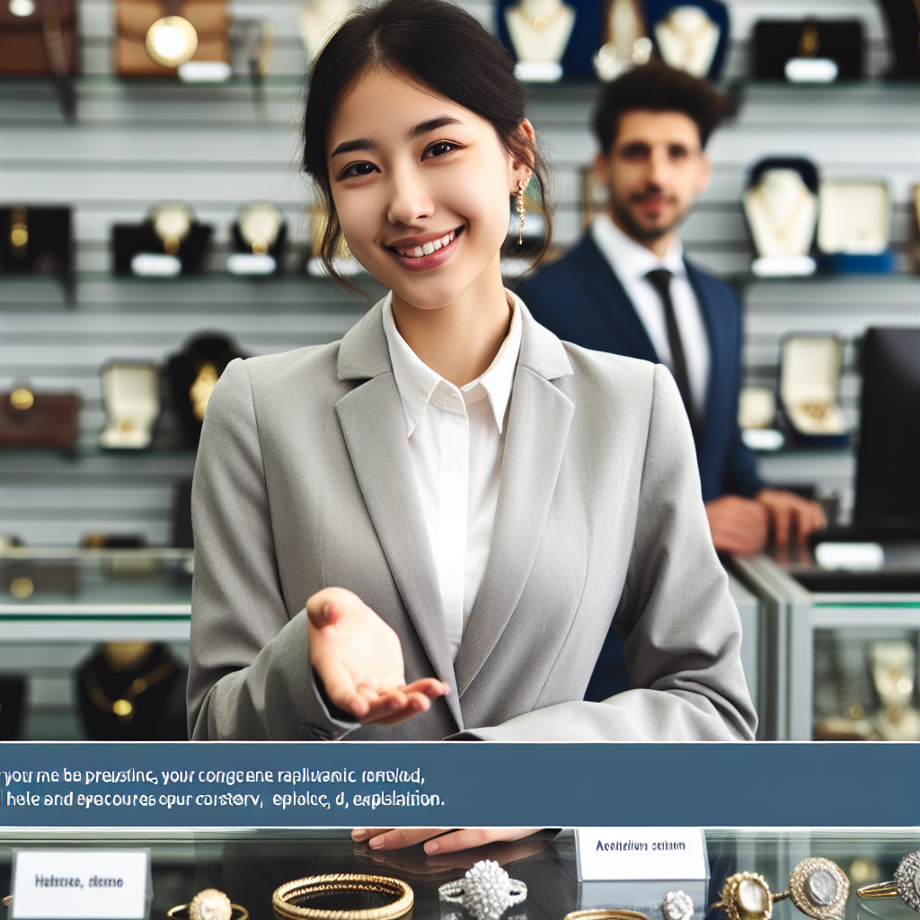A friendly staff member welcoming customers at King Cash Pawn Shop, showcasing various valuable items on display