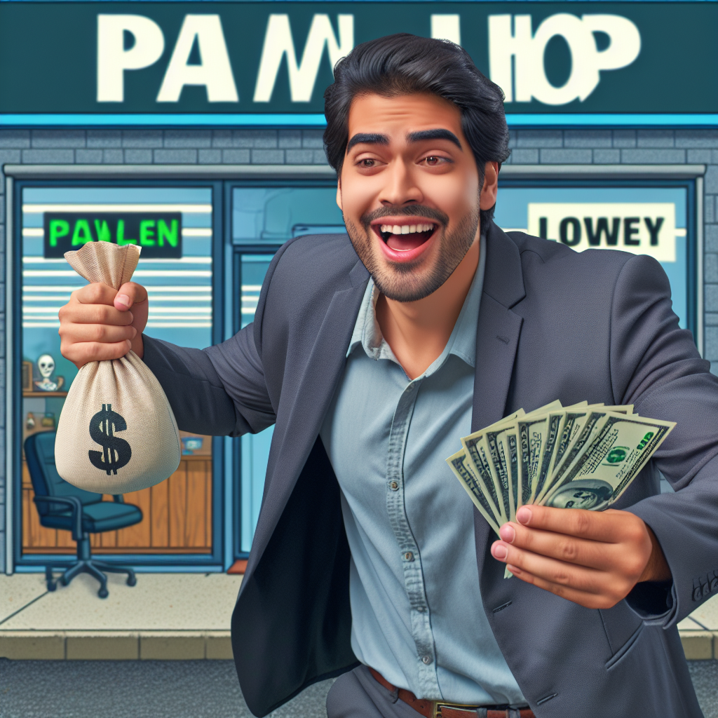 A happy customer leaving King Cash Pawn Shop with cash in hand after securing a low-interest loan