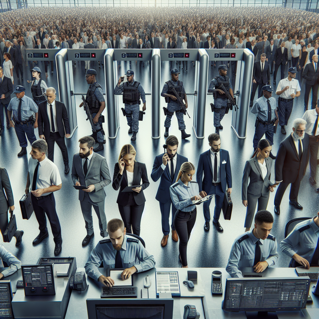 A well-coordinated team of security personnel using advanced technology alongside traditional methods at a large-scale event, showcasing effective venue security practices